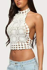 Edikted Backless Crochet High Neck Halter Top
