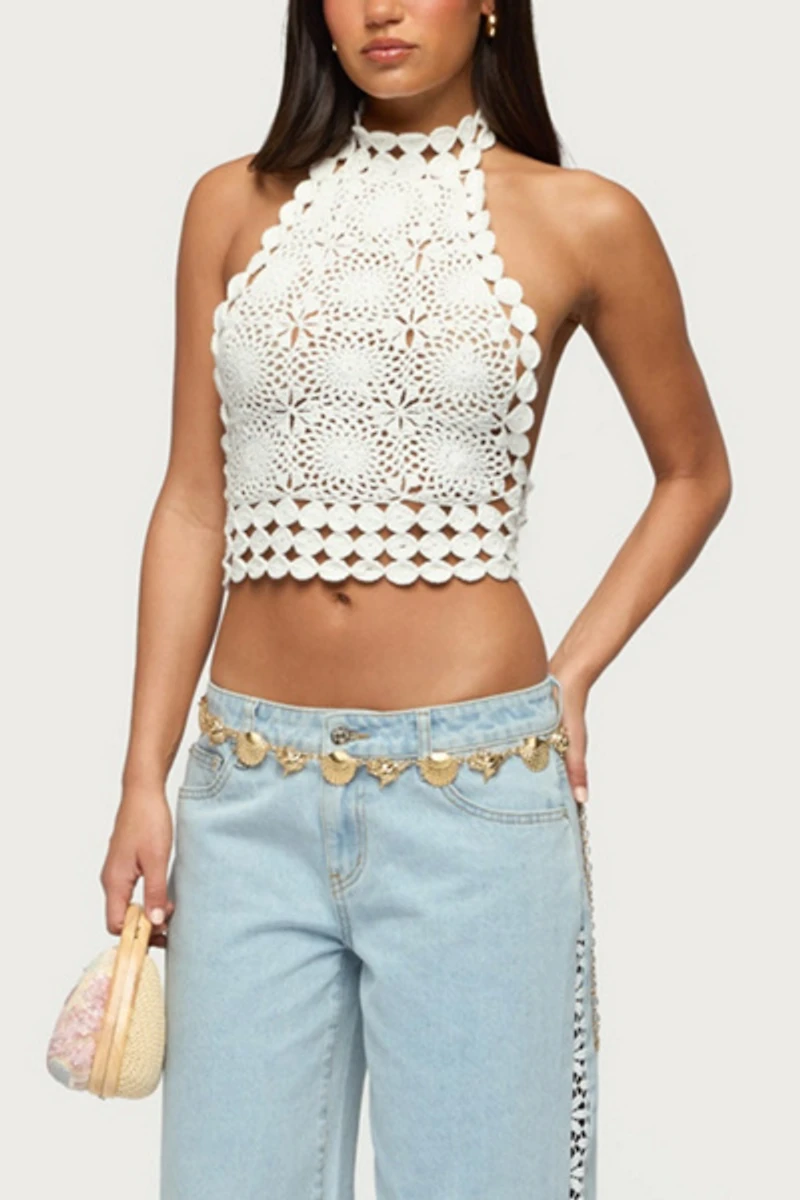 Edikted Backless Crochet High Neck Halter Top