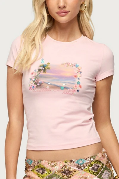 Edikted Beach Babe Sequin T Shirt
