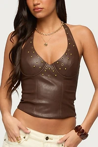 Edikted Vaya Studded Faux Leather Halter Top