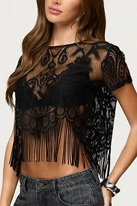 Edikted Kira Sheer Lace Fringe Top
