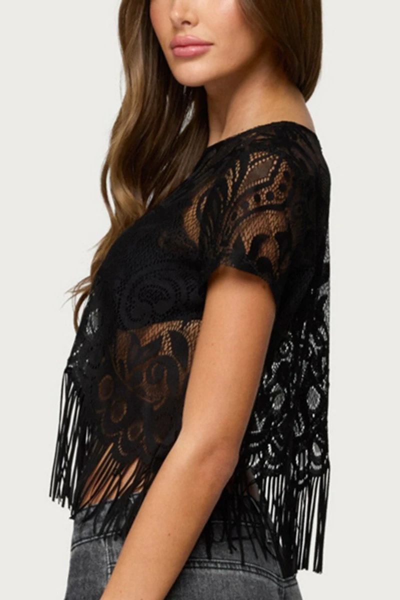 Edikted Kira Sheer Lace Fringe Top