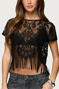 Edikted Kira Sheer Lace Fringe Top