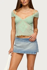 Edikted Shoulder Tie Lacey Sheer Mesh Top