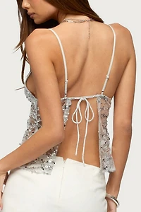 Edikted Izzy Sheer Sequin Tie Back Top