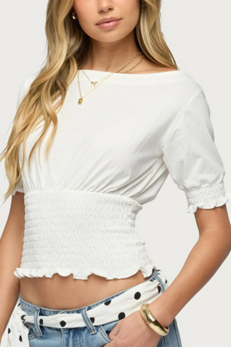 Edikted Emanuelle Smocked Boat Neck Top