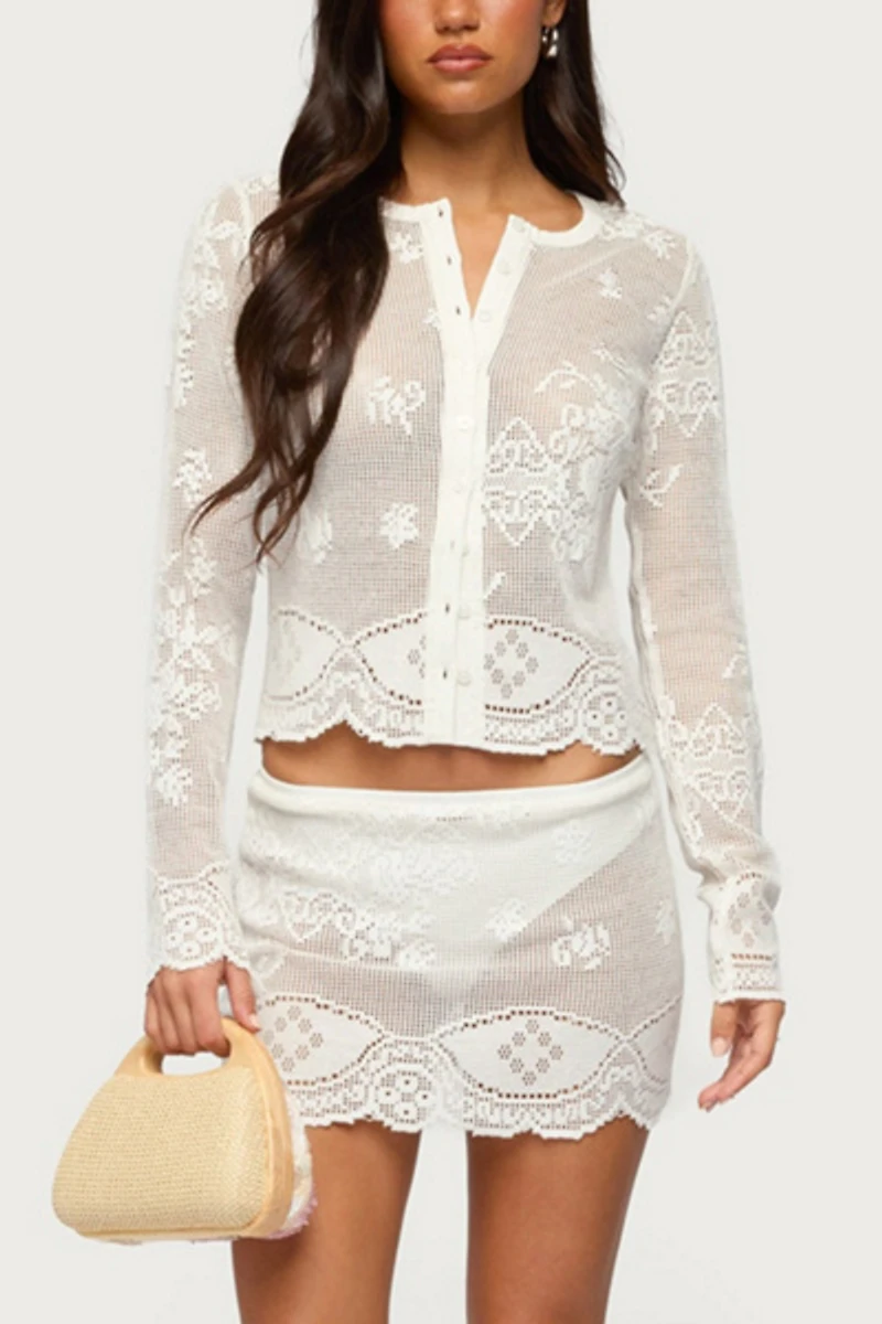 Edikted Rusa Button Up Sheer Crochet Top