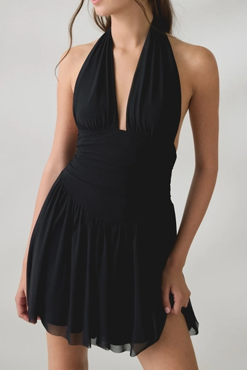 UO Party For You Plunging Halter Neck Mesh Mini Dress