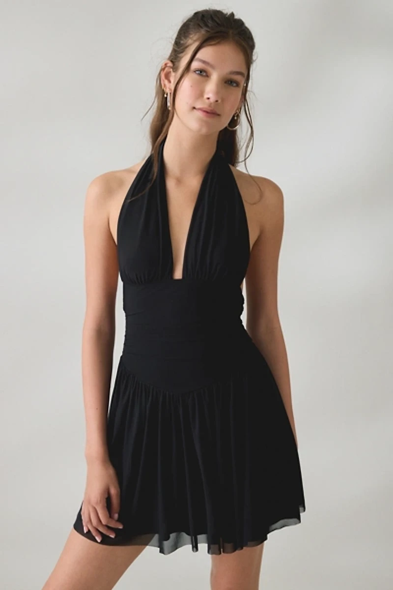 UO Party For You Plunging Halter Neck Mesh Mini Dress