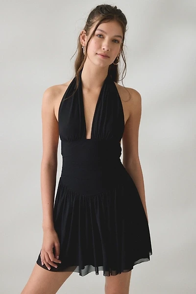 UO Party For You Plunging Halter Neck Mesh Mini Dress