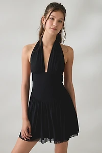 UO Party For You Plunging Halter Neck Mesh Mini Dress