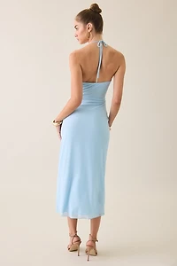 UO Petal Twist Plunging Halter Neck Mesh Midi Dress