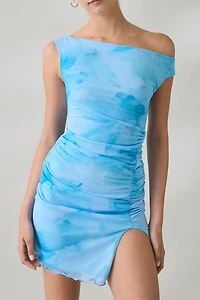 UO Cirrus Asymmetric Ruched Off-The-Shoulder Mesh Mini Dress