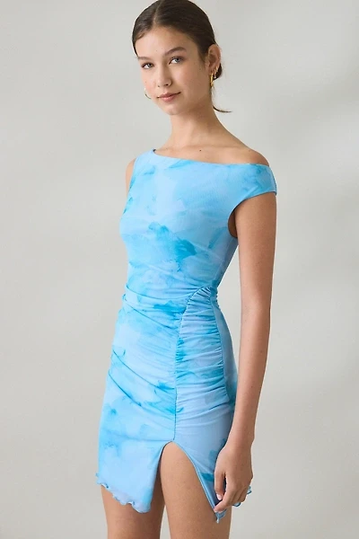 UO Cirrus Asymmetric Ruched Off-The-Shoulder Mesh Mini Dress