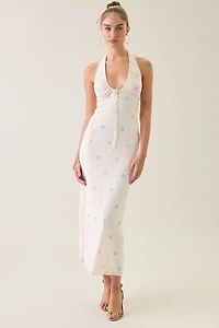 UO Hera Plunging Halter Neck Mesh Midi Dress