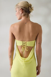 UO Marigold Muse Asymmetric Ruffle Strapless Maxi Dress