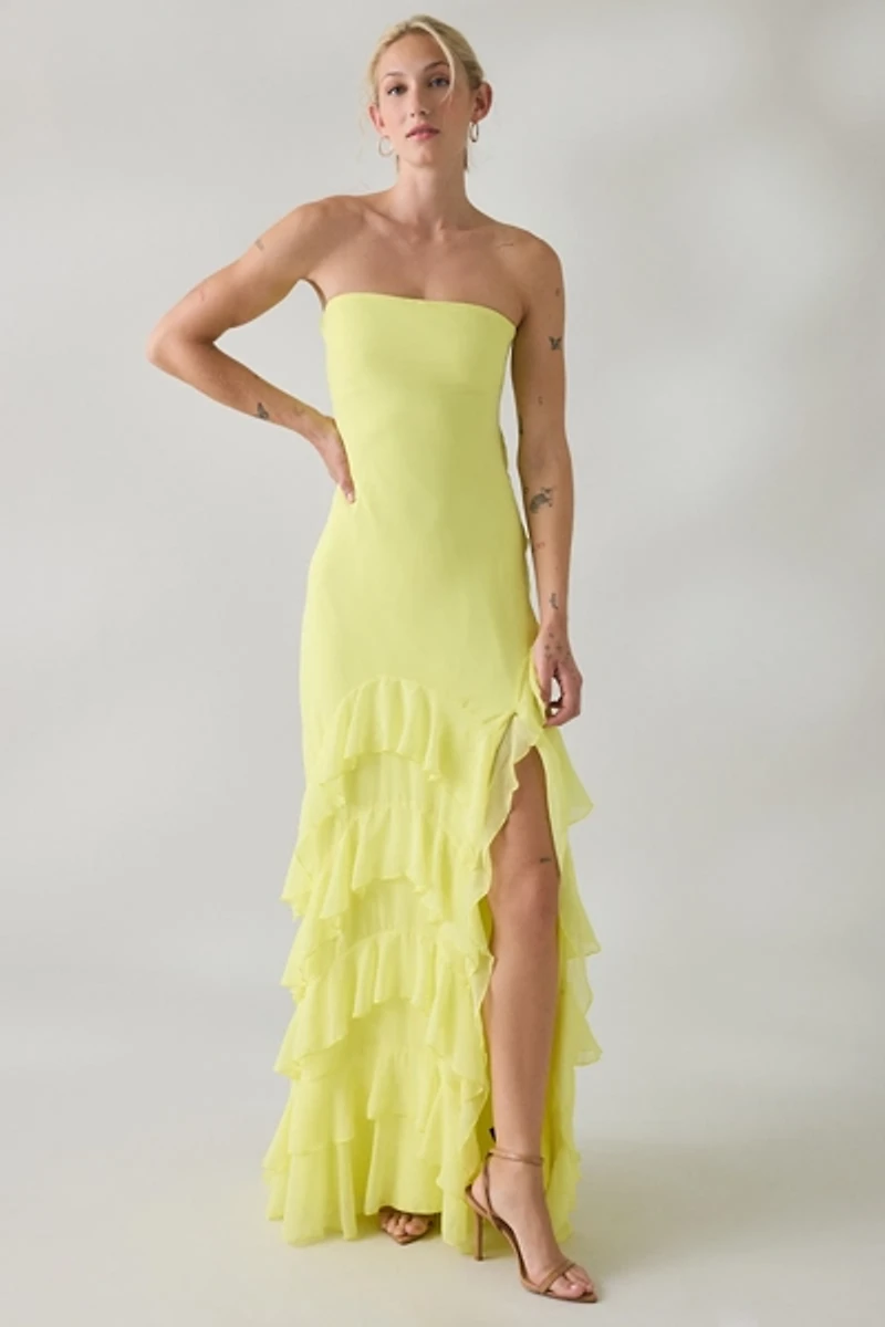 UO Marigold Muse Asymmetric Ruffle Strapless Maxi Dress