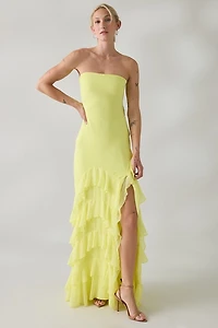 UO Marigold Muse Asymmetric Ruffle Strapless Maxi Dress