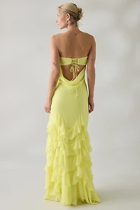 UO Marigold Muse Asymmetric Ruffle Strapless Maxi Dress