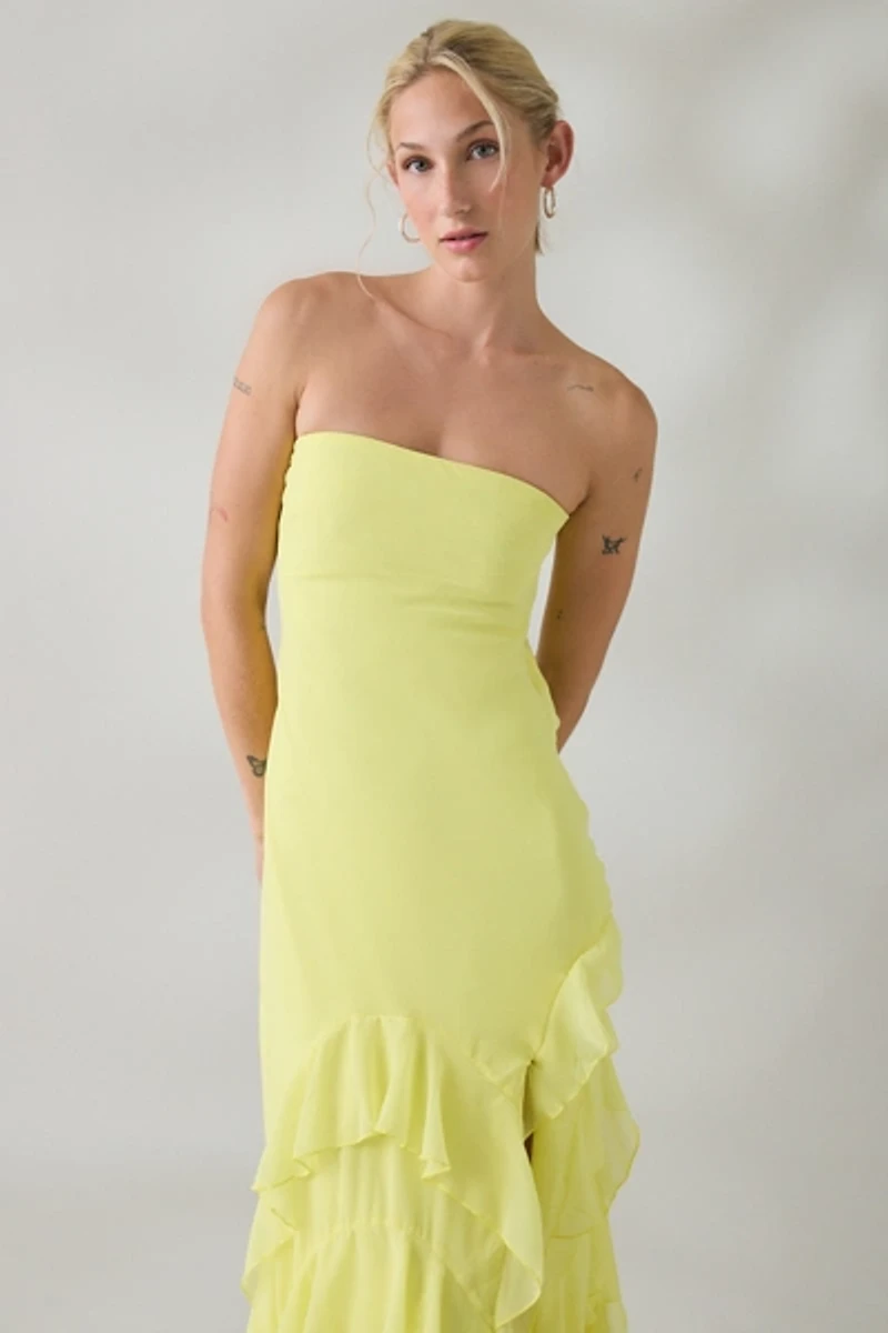 UO Marigold Muse Asymmetric Ruffle Strapless Maxi Dress
