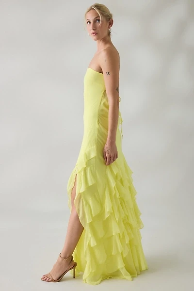 UO Marigold Muse Asymmetric Ruffle Strapless Maxi Dress