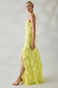 UO Marigold Muse Asymmetric Ruffle Strapless Maxi Dress