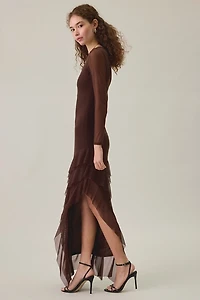 UO Dusk-To-Dawn Mesh Asymmetric Ruffle High-Low Maxi Dress
