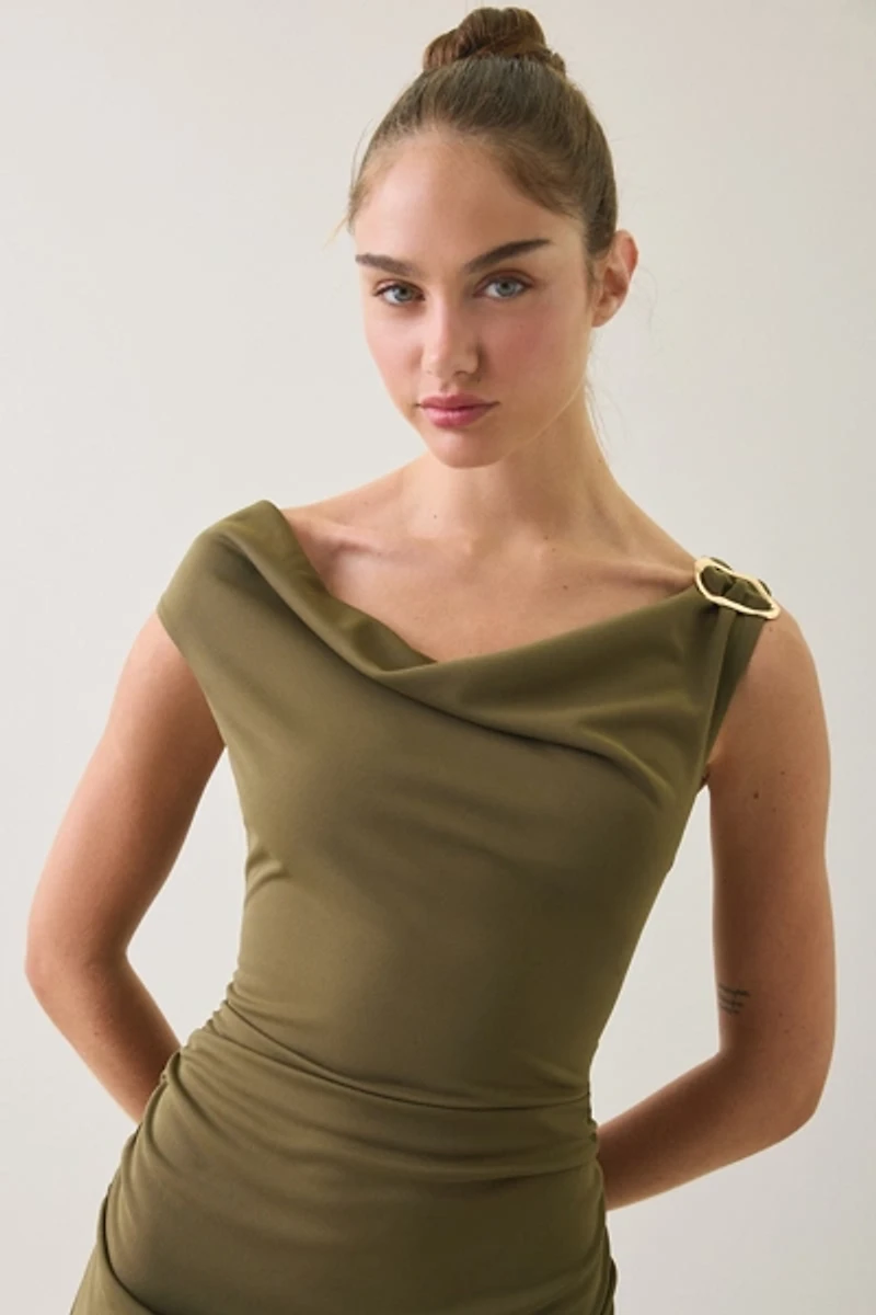 UO Laurel Hardware Accent Asymmetric Cowl Neck Midi Dress