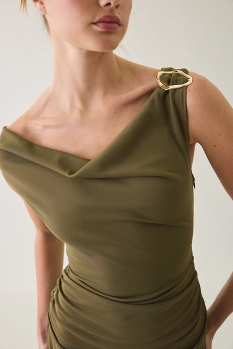 UO Laurel Hardware Accent Asymmetric Cowl Neck Midi Dress