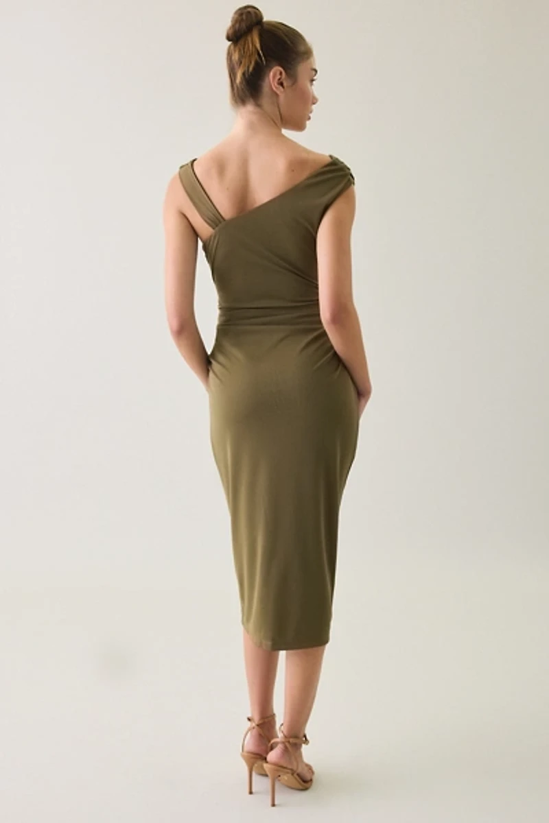 UO Laurel Hardware Accent Asymmetric Cowl Neck Midi Dress