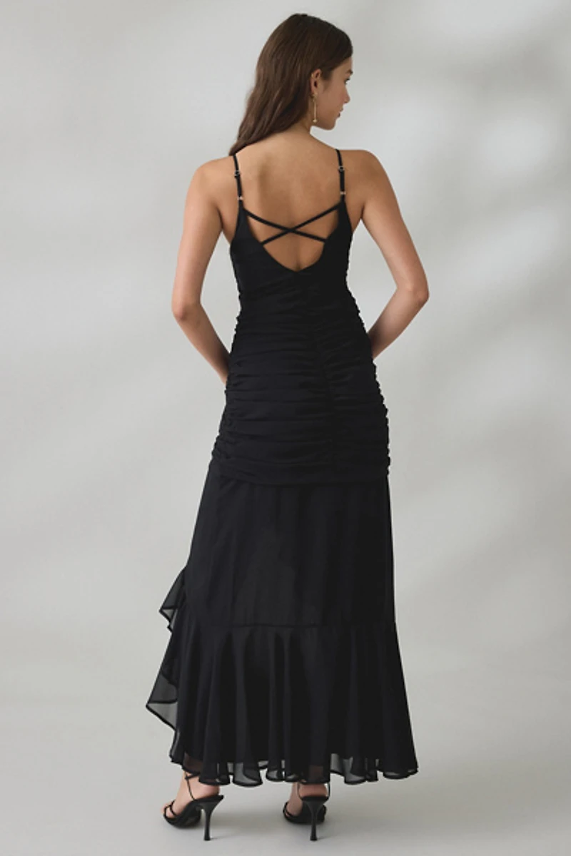 UO Ciara Cascading Ruffle High-Low Midi Dress