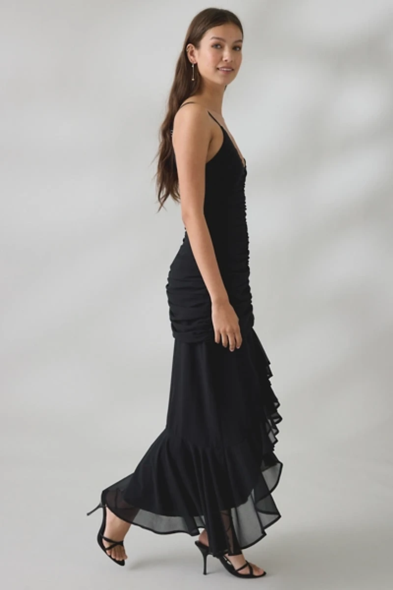 UO Ciara Cascading Ruffle High-Low Midi Dress