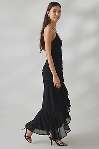 UO Ciara Cascading Ruffle High-Low Midi Dress