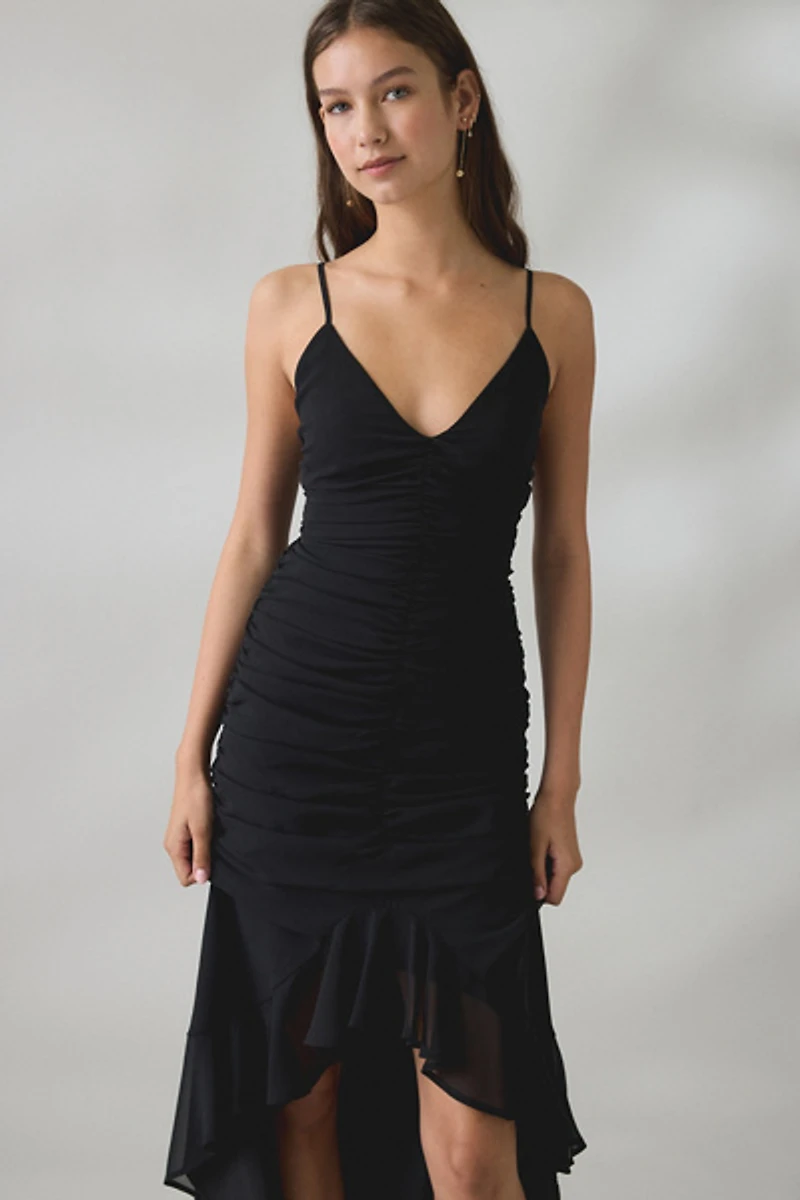UO Ciara Cascading Ruffle High-Low Midi Dress