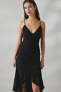 UO Ciara Cascading Ruffle High-Low Midi Dress