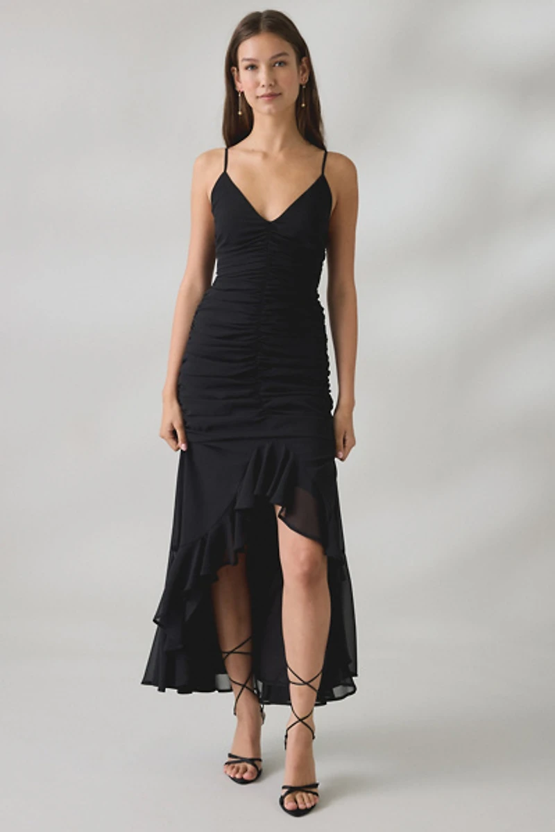 UO Ciara Cascading Ruffle High-Low Midi Dress
