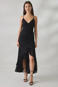 UO Ciara Cascading Ruffle High-Low Midi Dress