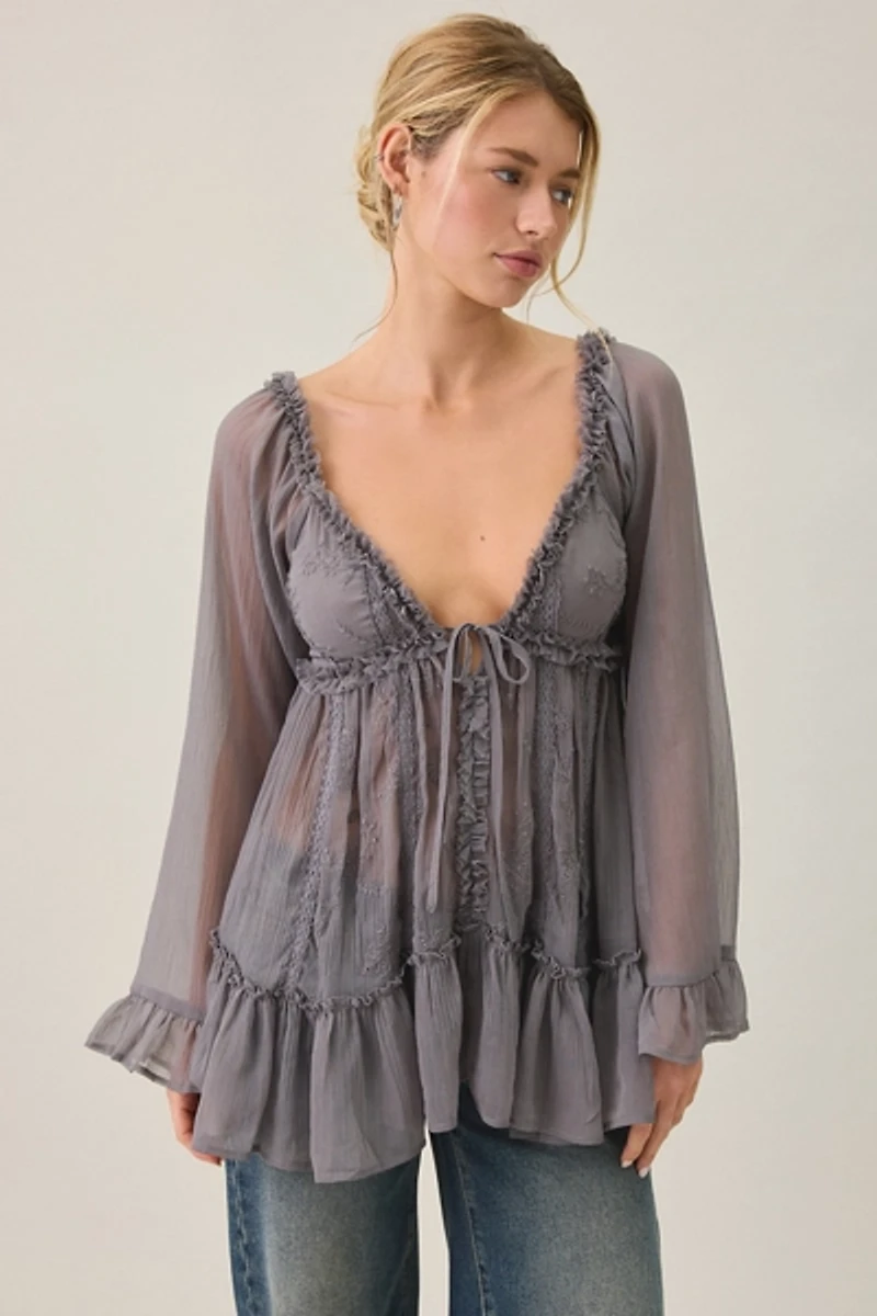 Kimchi Blue Belle Ruffle Chiffon Long Sleeve Tunic Top