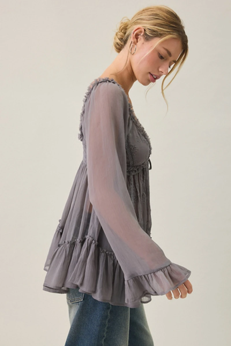 Kimchi Blue Belle Ruffle Chiffon Long Sleeve Tunic Top