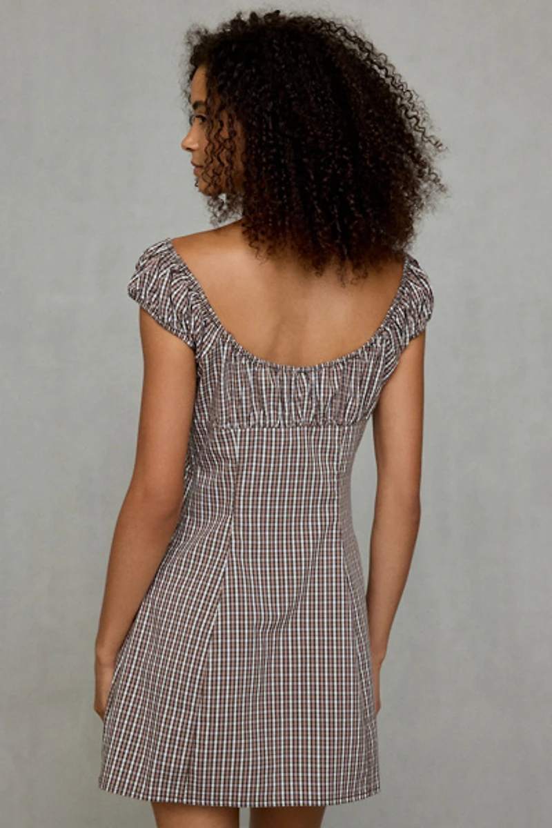 BDG Highland Square Neck Puff Sleeve Plaid Mini Dress