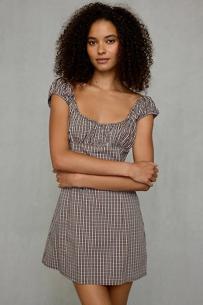 BDG Highland Square Neck Puff Sleeve Plaid Mini Dress