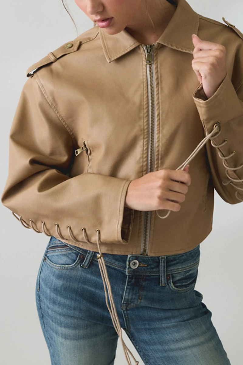 Lioness Jet Lace-Up Sleeve Faux Leather Jacket