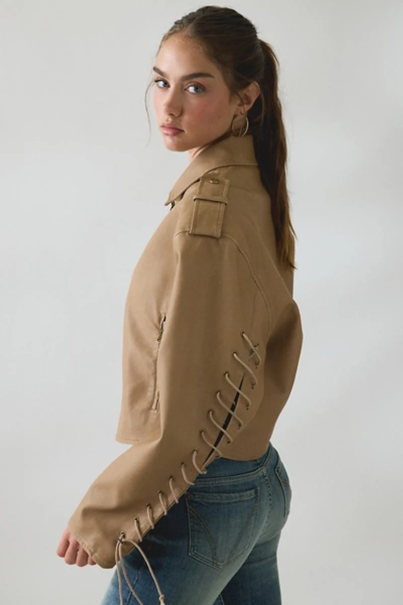 Lioness Jet Lace-Up Sleeve Faux Leather Jacket