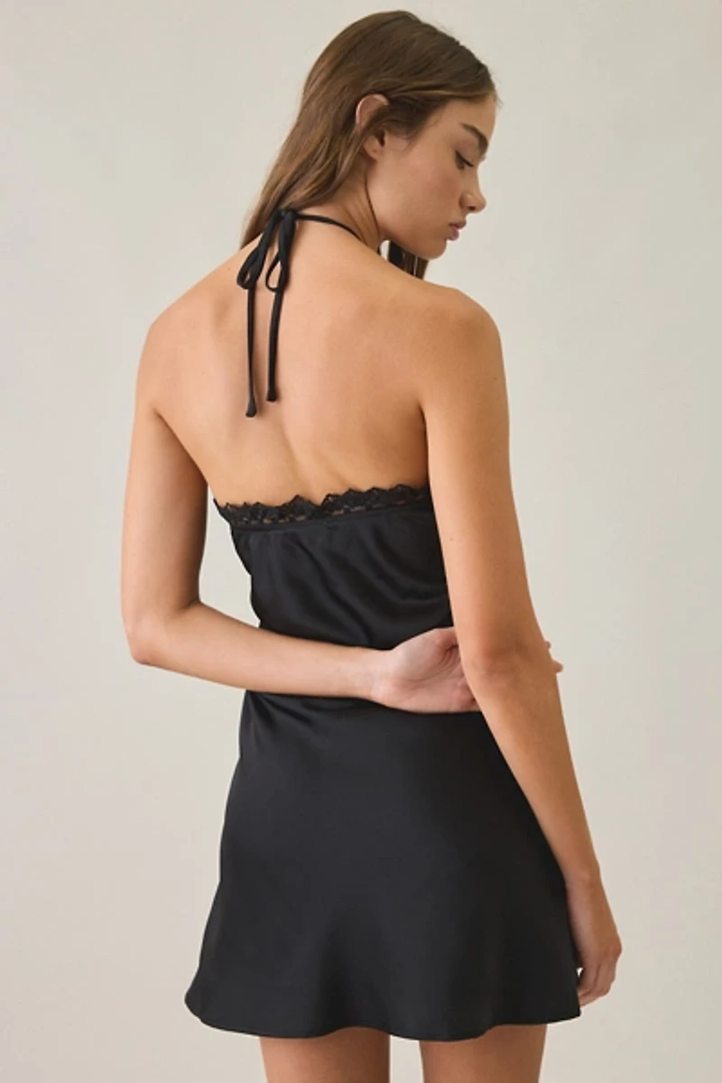 Kiss The Sky Masquerade Lace Trim Satin Mini Dress