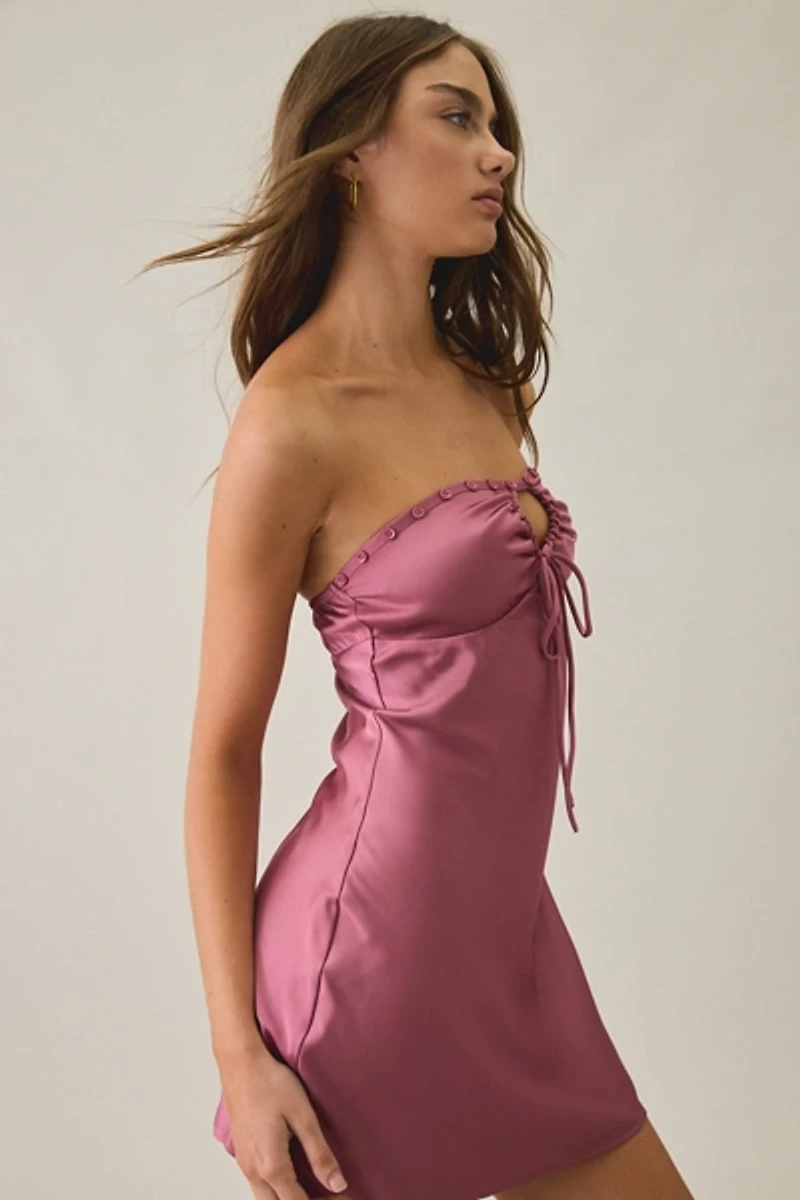 Kiss The Sky Loelia Button Detail Strapless Satin Mini Dress