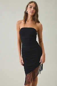 Kiss The Sky Praia Asymmetric Strapless Fringe Mini Dress