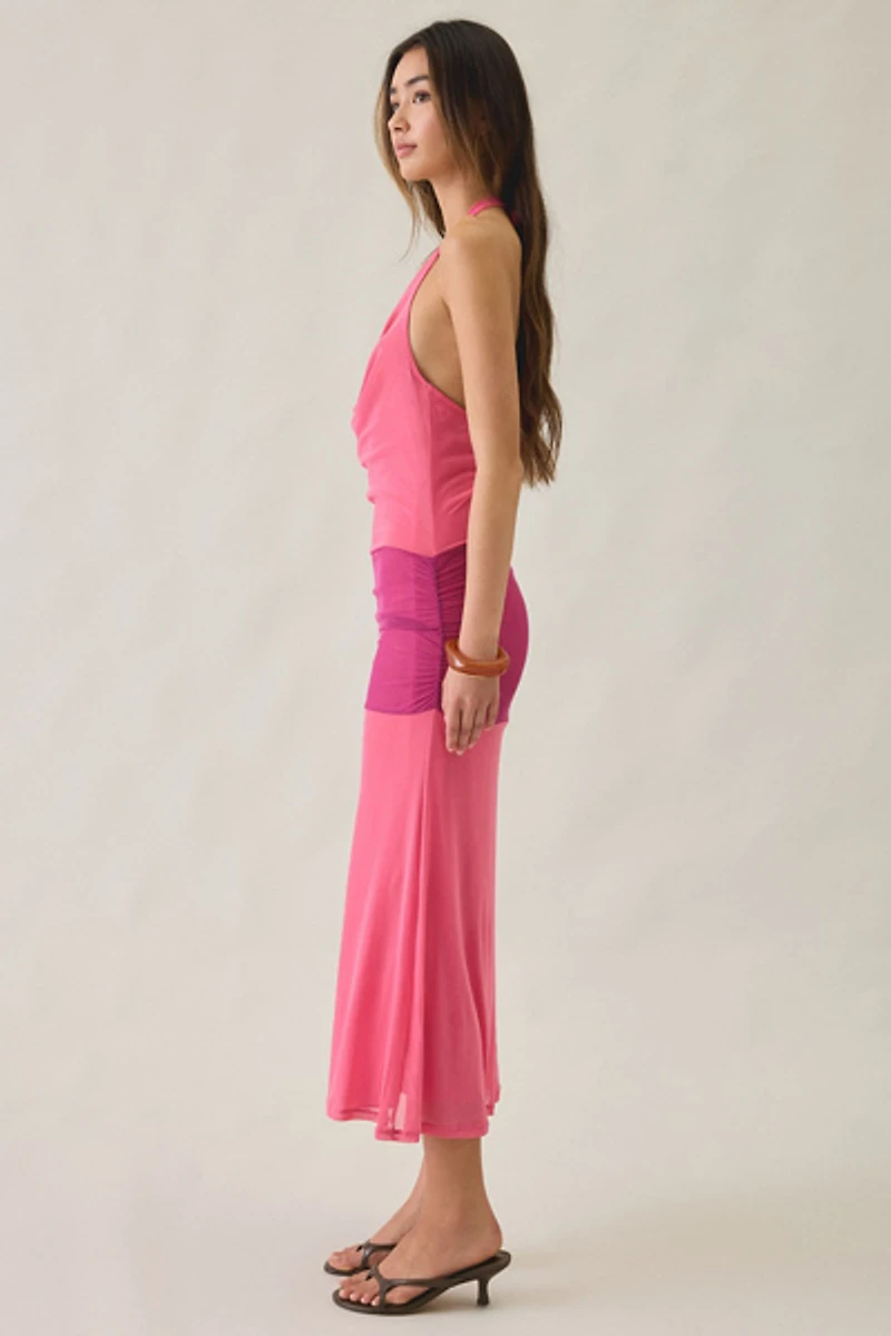 Motel Veridis Colorblock Plunging Cowl Neck Halter Maxi Dress