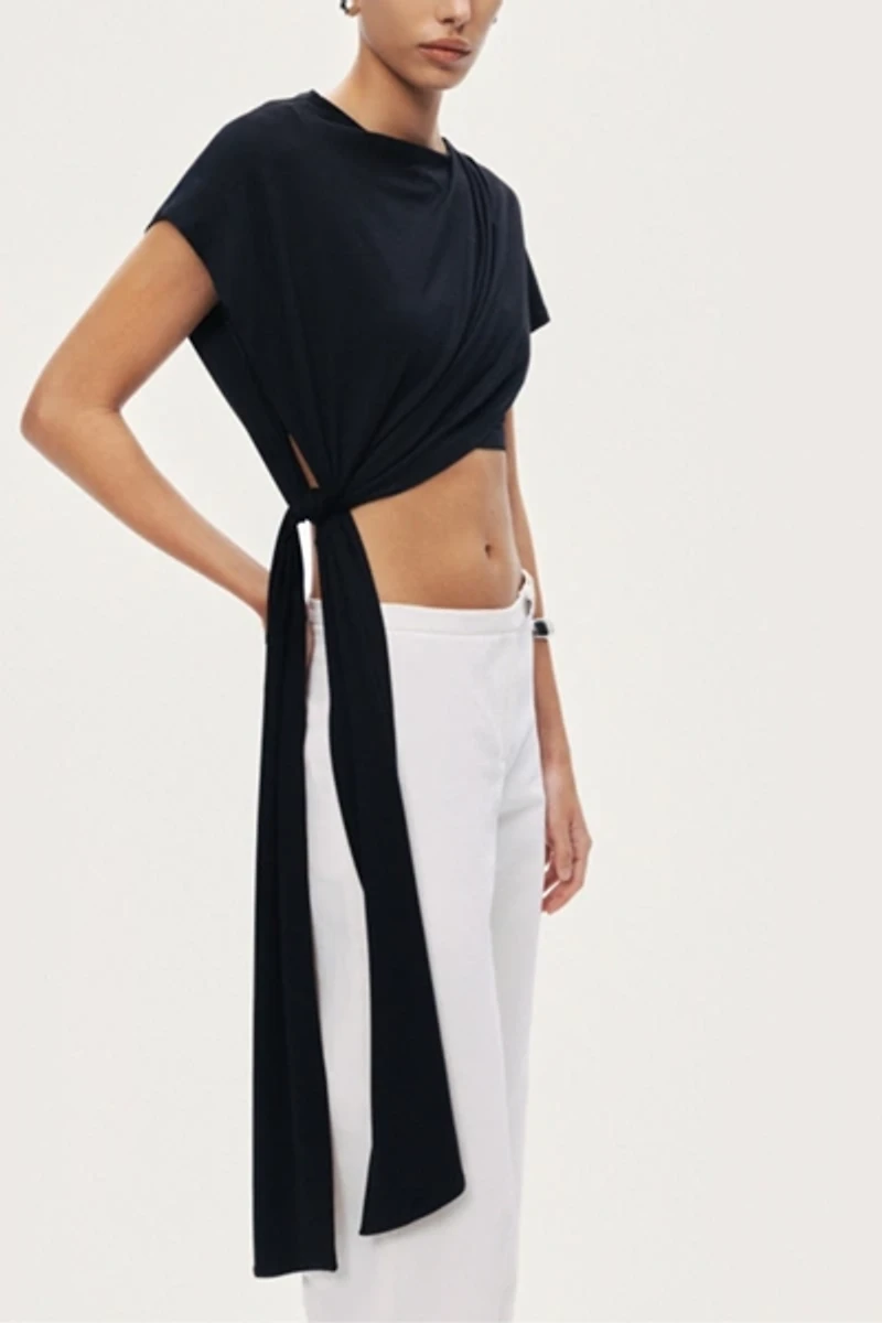 Nocturne Asymmetric Tie-Front Crop Top