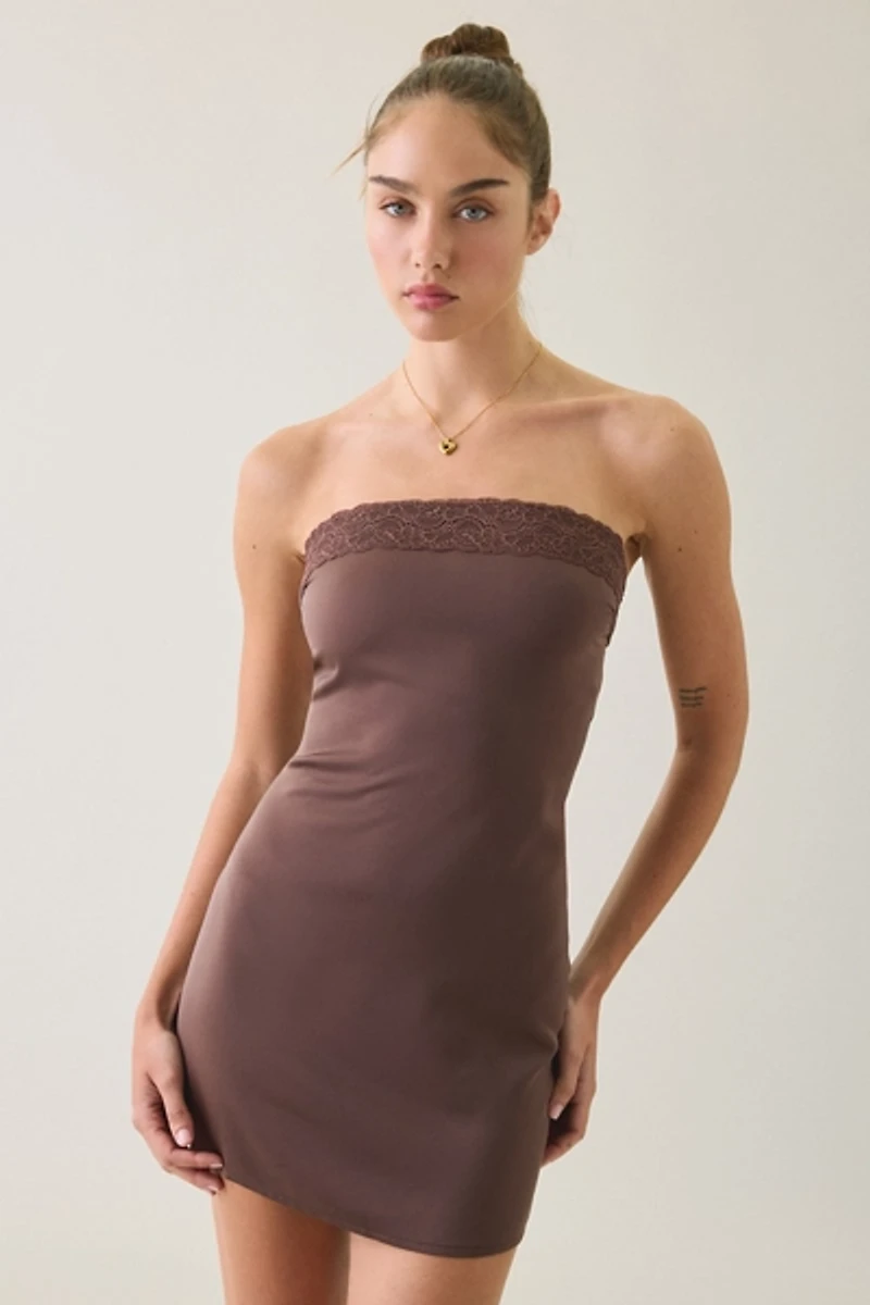Motel Sakya Lace Trim Satin Strapless Mini Dress