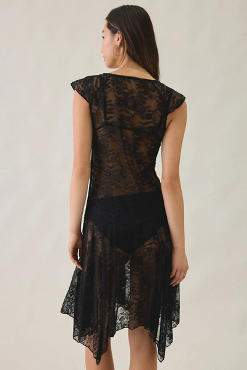Motel Moselle Sheer Lace Hanky Hem Midi Dress